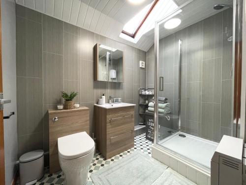 a bathroom with a shower and a toilet and a tub at Westend Holiday Let 3 Brecon in Brecon