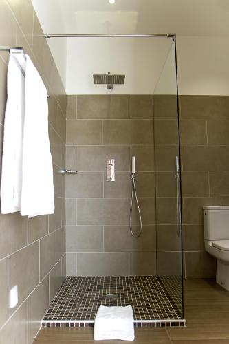 a shower with a glass door in a bathroom at Hôtel CASABELLA Cannes Mouans Sartoux in Mouans-Sartoux
