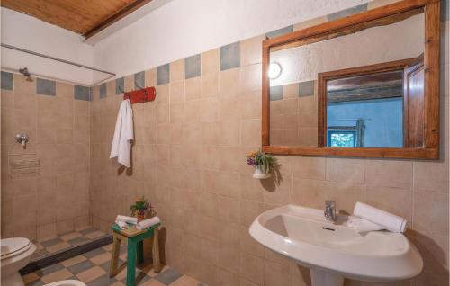 ピエーヴェ・サント・ステーファノにあるAgriturismo Segalareのバスルーム(洗面台、トイレ、鏡付)