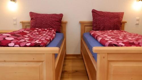 two twin beds in a room with red pillows at Gästezimmer Hof Stallegg in Löffingen