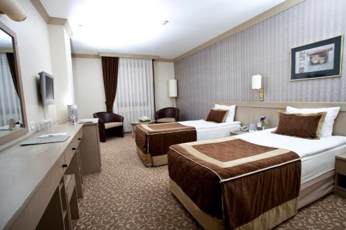 a hotel room with two beds and a television at Sergah Hotel in Ankara