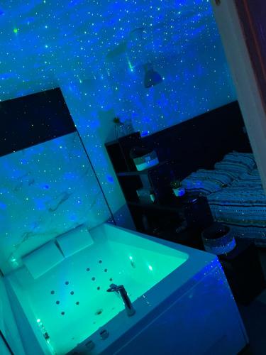 La salle de bains est pourvue d'un lavabo et d'un plafond bleu. dans l'établissement Luxury, à Amiens