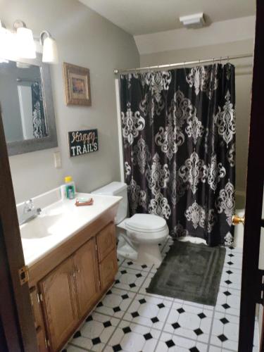baño con cortina de ducha en blanco y negro y aseo en Rena's Bed and Breakfast, en Richards Trailer Court