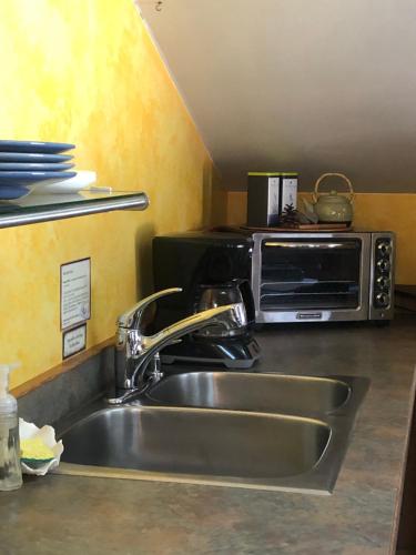 a kitchen sink with a microwave on a counter at Mistiso's Place Vacation Rentals in Nelson