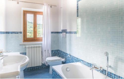 ein blau gefliestes Bad mit WC und Waschbecken in der Unterkunft Villino Le Rose in Dicomano