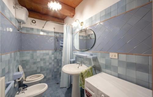 ein blau gefliestes Bad mit einem Waschbecken und einem Spiegel in der Unterkunft Il Fienile in Badia Tedalda