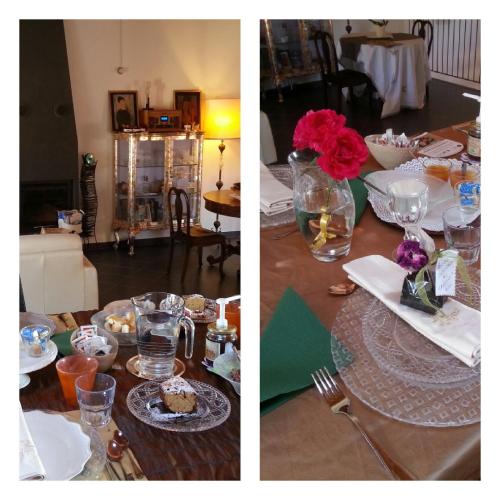 two pictures of a table with plates and glasses at La Luna nel Borgo in Brugnato