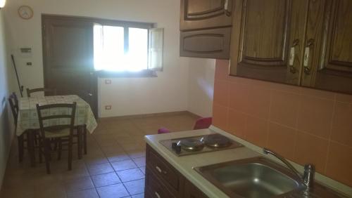 eine Küche mit einem Waschbecken und einem Tisch mit einem Fenster in der Unterkunft Agriturismo Monte dell'Olmo in Trevignano Romano
