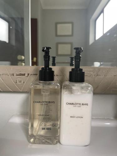 two bottles of soap sitting on a bathroom sink at Olive Branch Cottage off grid in Benoni
