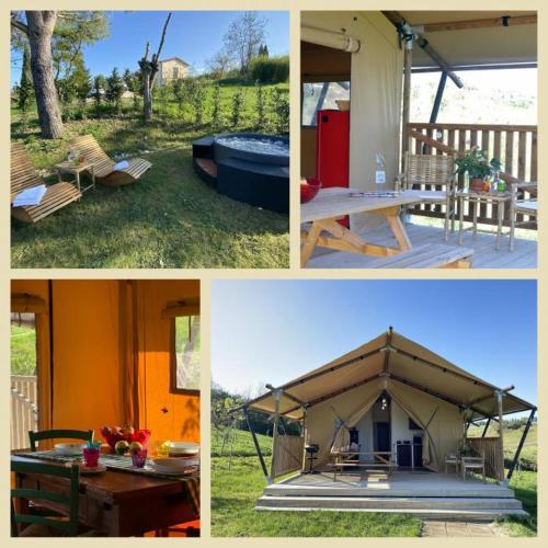 a collage of pictures of a tent in a yard at Glamping Tenuta San Pierino Agriturismo in Rosignano Marittimo