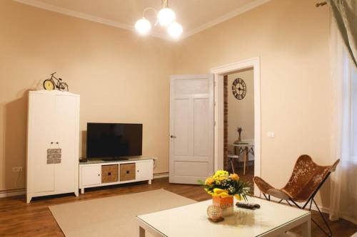 a living room with a flat screen tv and a table at Charming Apartment in Historical City Center in Timişoara