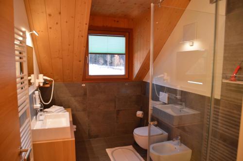 a bathroom with a sink and a toilet and a window at Lobishof in Soprabolzano