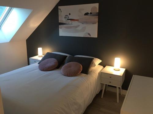 1 dormitorio con 1 cama con 2 almohadas en Gîte Le Relais en Mer