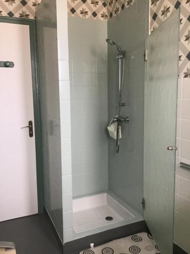 een douche met een glazen deur in de badkamer bij Besac Urban Lodge in Besançon