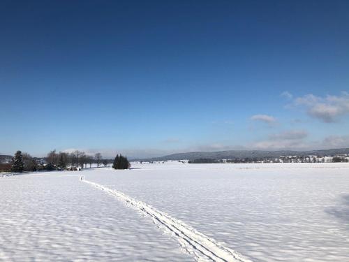 a snow covered field with tracks in the snow at SG Apartmán se soukromým wellness in Nová Paka