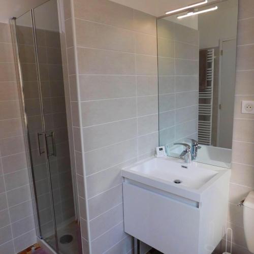 une salle de bain blanche avec un lavabo et une douche dans l'établissement Appartement situé en centre ville de Saint Aignan, à Saint-Aignan