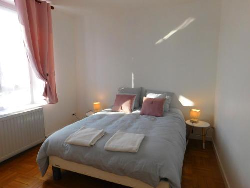 une chambre avec un grand lit avec deux serviettes dessus dans l'établissement Appartement situé en centre ville de Saint Aignan, à Saint-Aignan