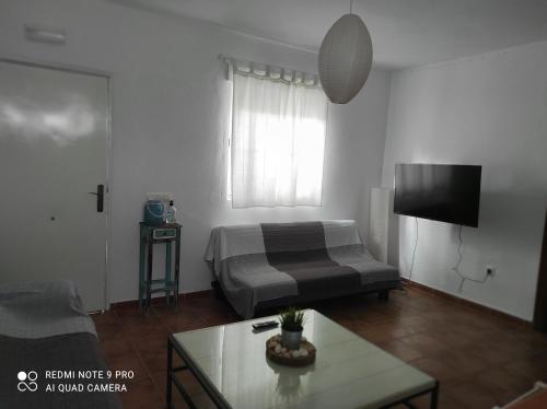 a bedroom with a bed and a table and a tv at Casa Baro in Zahora