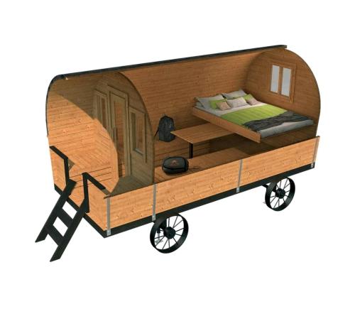 a rendering of a tiny house in a trailer at Fasshotel Westernwagen, beheizt 2-3 Personen in Kirchensittenbach