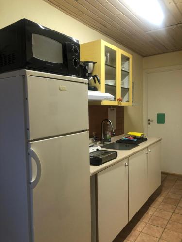 a kitchen with a refrigerator and a microwave on top of it at La Casita de Milen in Ullerslev