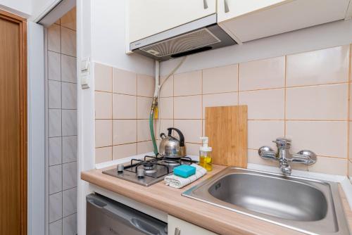 een keuken met een spoelbak en een fornuis bij Szopy 2 in Gdańsk