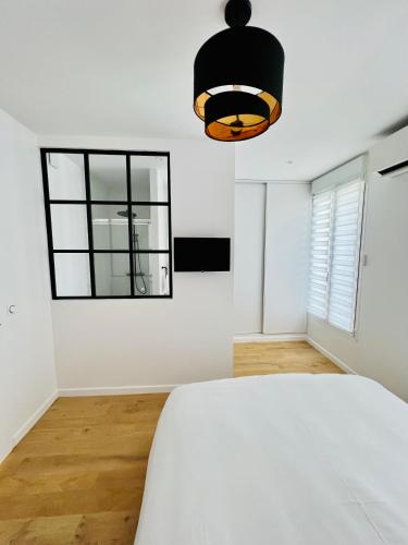 a bedroom with a bed and a mirror at résidence belle vue in Fontaine-le-Port