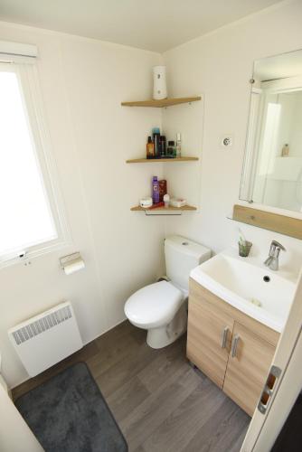 une salle de bain avec toilettes et lavabo dans l'établissement Mobil Home 8 personnes, aux Mathes