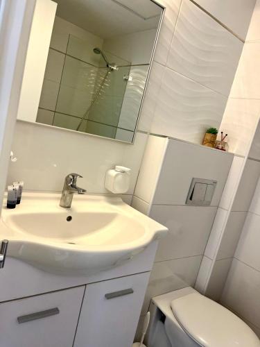 a bathroom with a sink and a mirror and a toilet at Esterin Royal Park Apartments Eilat in Eilat