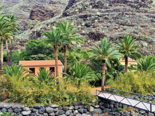 a house with palm trees in front of a mountain at Haciendita Gomera in San Sebastián de la Gomera