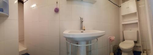 a white bathroom with a sink and a toilet at Duplex les pieds dans l'eau in Albitreccia