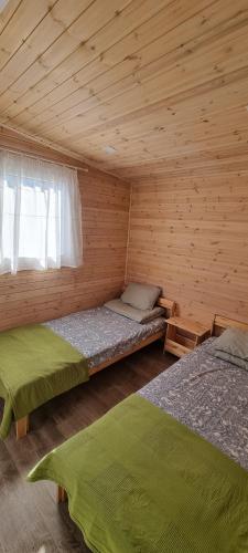 a bedroom with two beds in a wooden cabin at Căsuța de la luncă in Cireşu