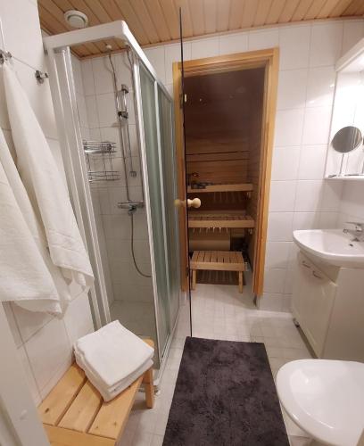 a bathroom with a shower and a toilet and a sink at Yllästar 207 in Äkäslompolo