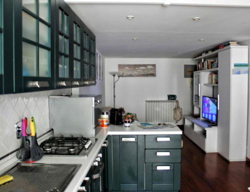 una cucina con armadi verdi e piano cottura forno superiore di Casa Thomas a Sanremo