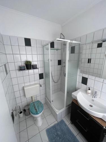 a bathroom with a shower and a toilet and a sink at LaPurka I in Nordhorn