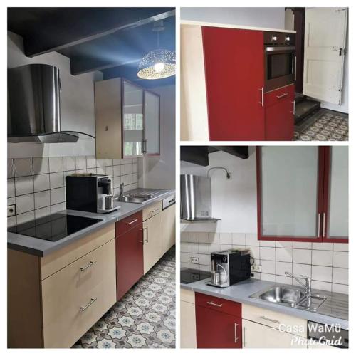 three pictures of a kitchen with red and white cabinets at Casa WaMü Nature Reserve direkt am Altrhein in Xanten