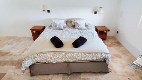 1 Schlafzimmer mit 2 Betten und 2 Tischen in der Unterkunft Superbe chambre avec terrasse, parking privé, jardin, calme, climatisation, 10 mn pont du Gard #7 in Rochefort-du-Gard