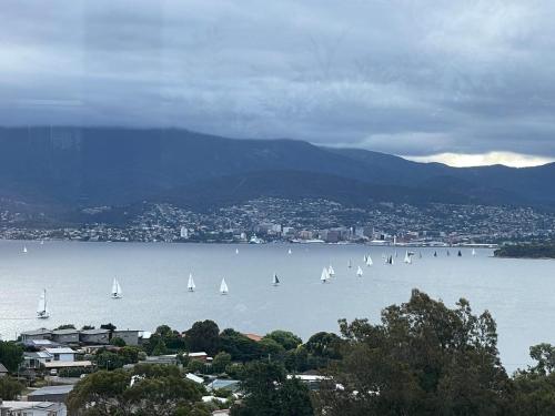 荷伯特的住宿－Hobart panoramic view with Spas，一大片水,上面有帆船