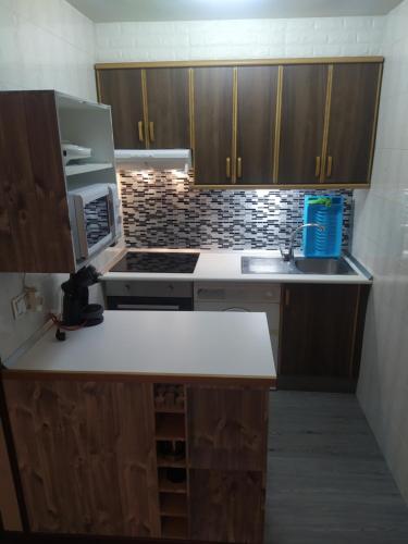 a kitchen with wooden cabinets and a stove and a sink at Apartamento de montaña "Nueva Canfranc" in Canfranc-Estación