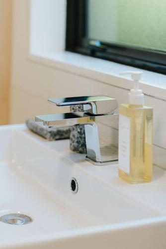 a bathroom sink with a bottle of soap on it at Rimu Lodge in Hokitika