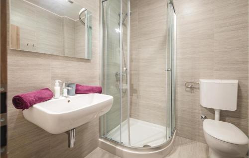 uma casa de banho com um lavatório e um chuveiro em Cozy Apartment In Novigrad With Kitchen em Novigrad Istria