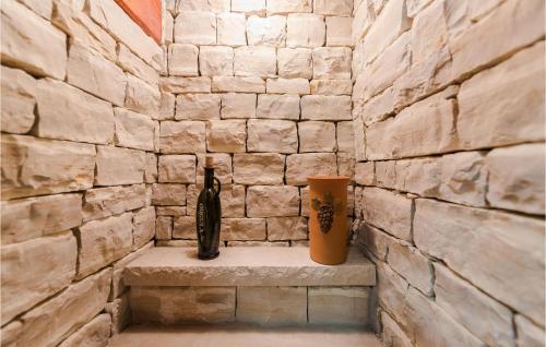 una bottiglia e un vaso seduti su un muro di pietra di Amazing Home In Vrsi With Wifi a Vrsi (Verchè)