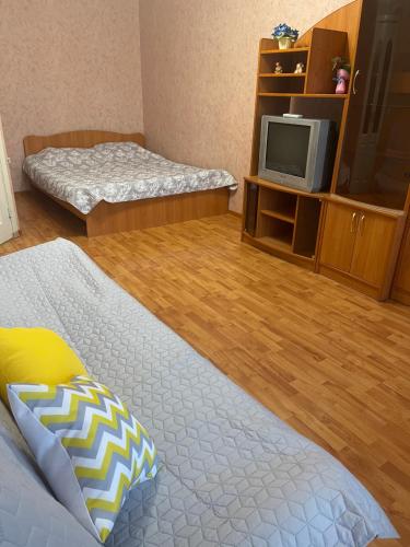 イジェフスクにあるApartment on Sivkovaのベッド2台とテレビが備わる客室です。