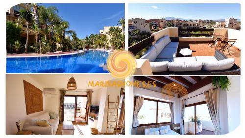 un collage de photos d'une maison avec une piscine dans l'établissement Marinas Sunset - Tu Dúplex con Solarium Privado!, à Vera