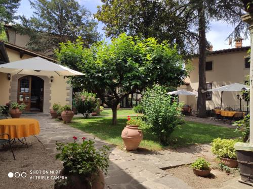 einen Garten mit einem Tisch und einigen Pflanzen und Sonnenschirmen in der Unterkunft Albergo Casentino in Poppi