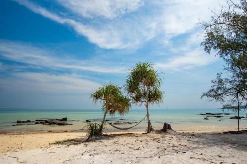 two palm trees on a sandy beach with the ocean at You&Me Resort in Koh Rong Island