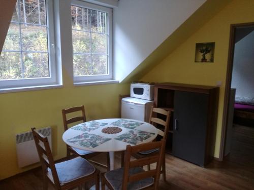 a kitchen with a table and chairs in a room at Apartmán Orbit in Karlov