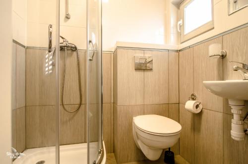 ein Bad mit einer Dusche, einem WC und einem Waschbecken in der Unterkunft szumidomek in Mielno
