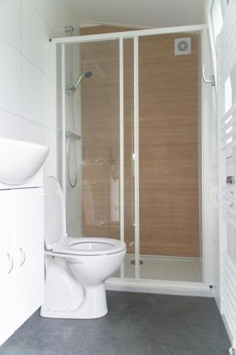a white bathroom with a shower and a toilet at Minicamping Shalom in Domburg
