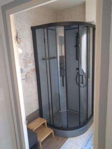 une douche avec une porte vitrée dans une salle de bain dans l'établissement GOLFE JUAN 3P MER PARKING, à Vallauris