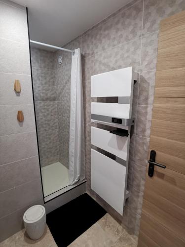 une petite salle de bain avec douche et toilettes dans l'établissement Grand T3 85 m2 situé à 15 min à pied des plages, au Pradet